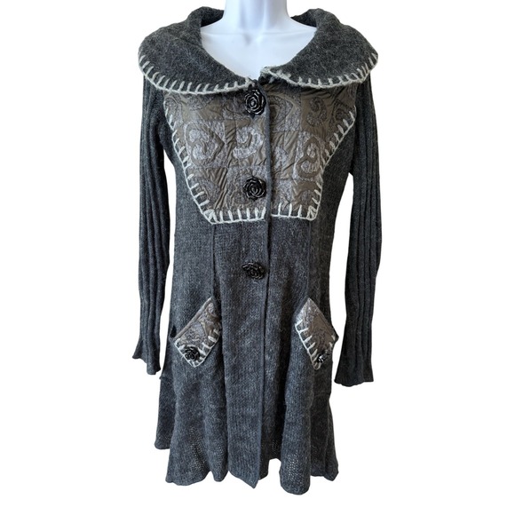 Sioni Gray Mohair Blend Sweater Coat M‎ Boho Artsy Knit Jacket Rose Buttons - Picture 1 of 8